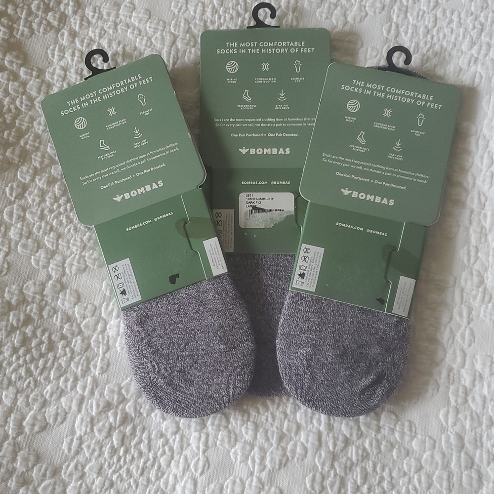 BOMBAS MERINO WOOL NO SHOWS SOCKS / 3 PAIR/ ; UNISEX : LARGE IN DARK FIG - Picture 2 of 4